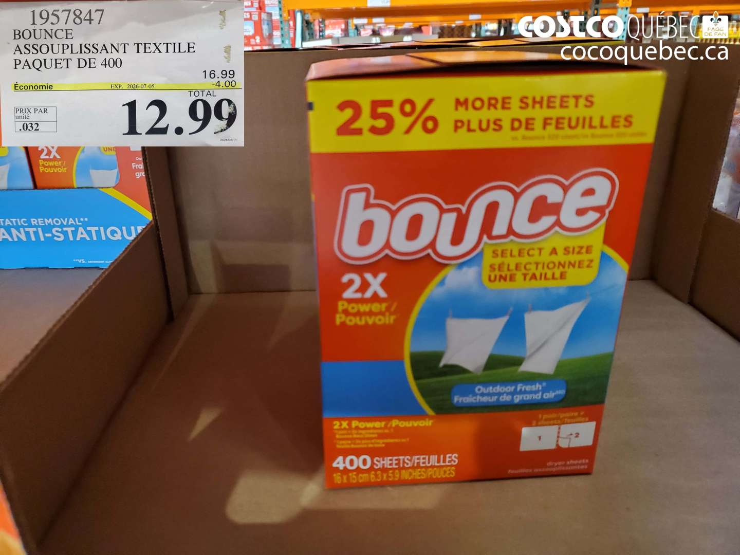 1957847 BOUNCE ASSOUPLISSANT TEXTILE PAQUET DE 400 ($4.00 INSTANT SAVINGS EXPIRES ON 2026-07-05) $12.99