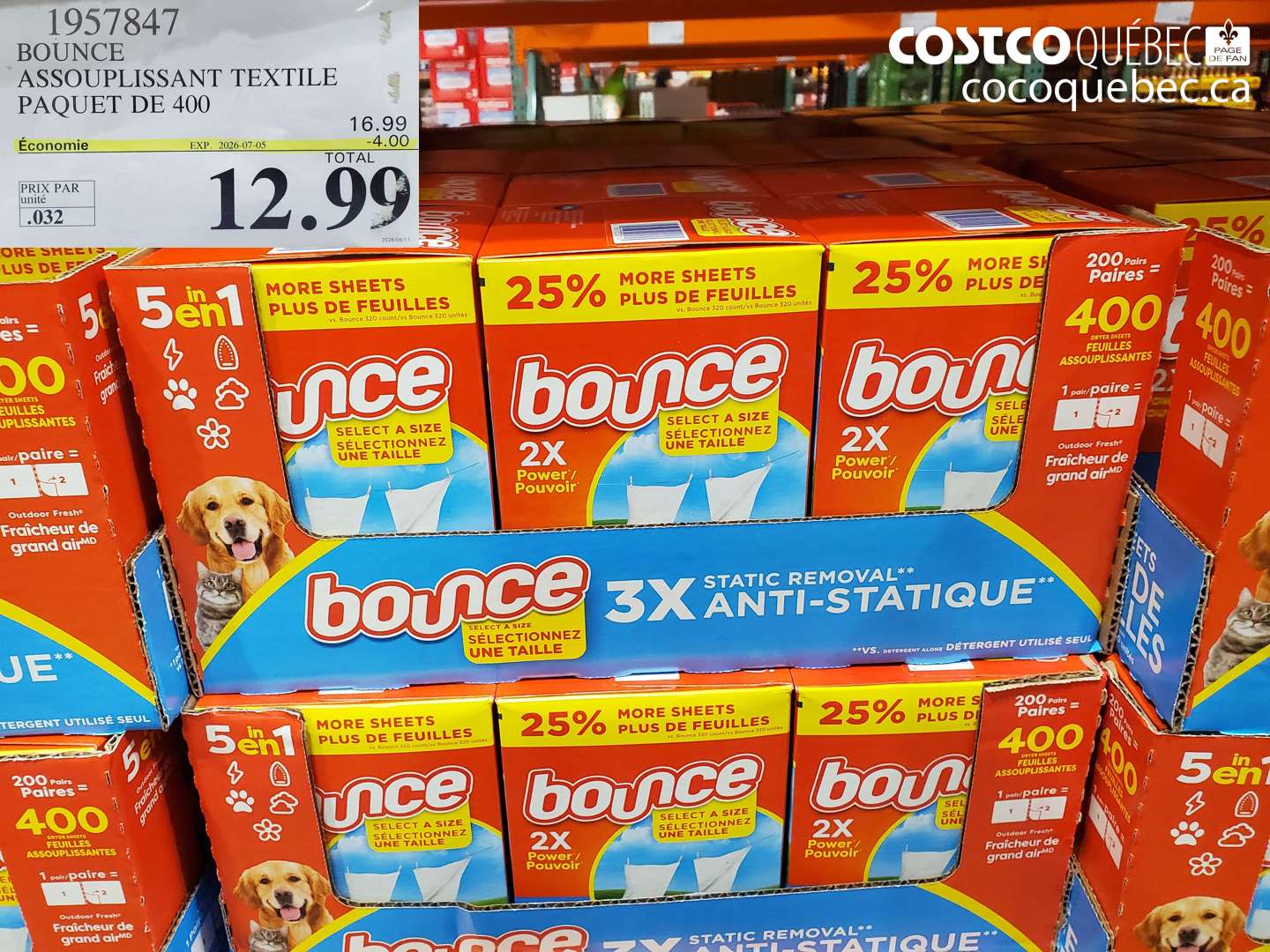 1957847 BOUNCE ASSOUPLISSANT TEXTILE PAQUET DE 400 ($4.00 INSTANT SAVINGS EXPIRES ON 2026-07-05) $12.99