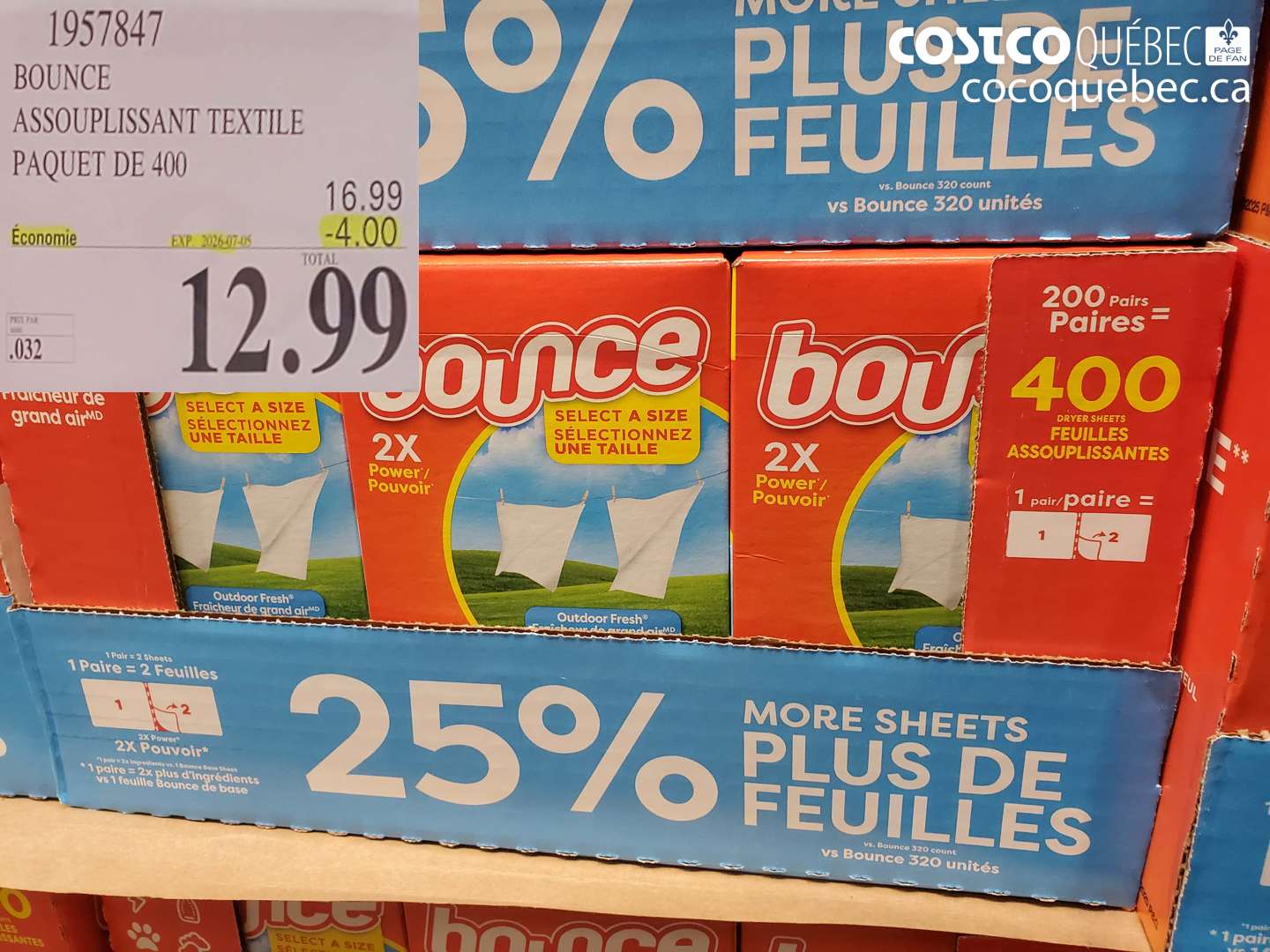1957847 BOUNCE ASSOUPLISSANT TEXTILE PAQUET DE 400 ($4.00 INSTANT SAVINGS EXPIRES ON 2025-07-05) $12.99