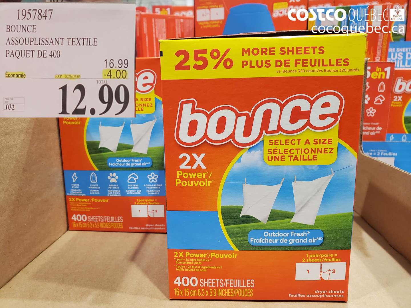 1957847 BOUNCE ASSOUPLISSANT TEXTILE PAQUET DE 400 ($4.00 INSTANT SAVINGS EXPIRES ON 2026-07-05) $12.99