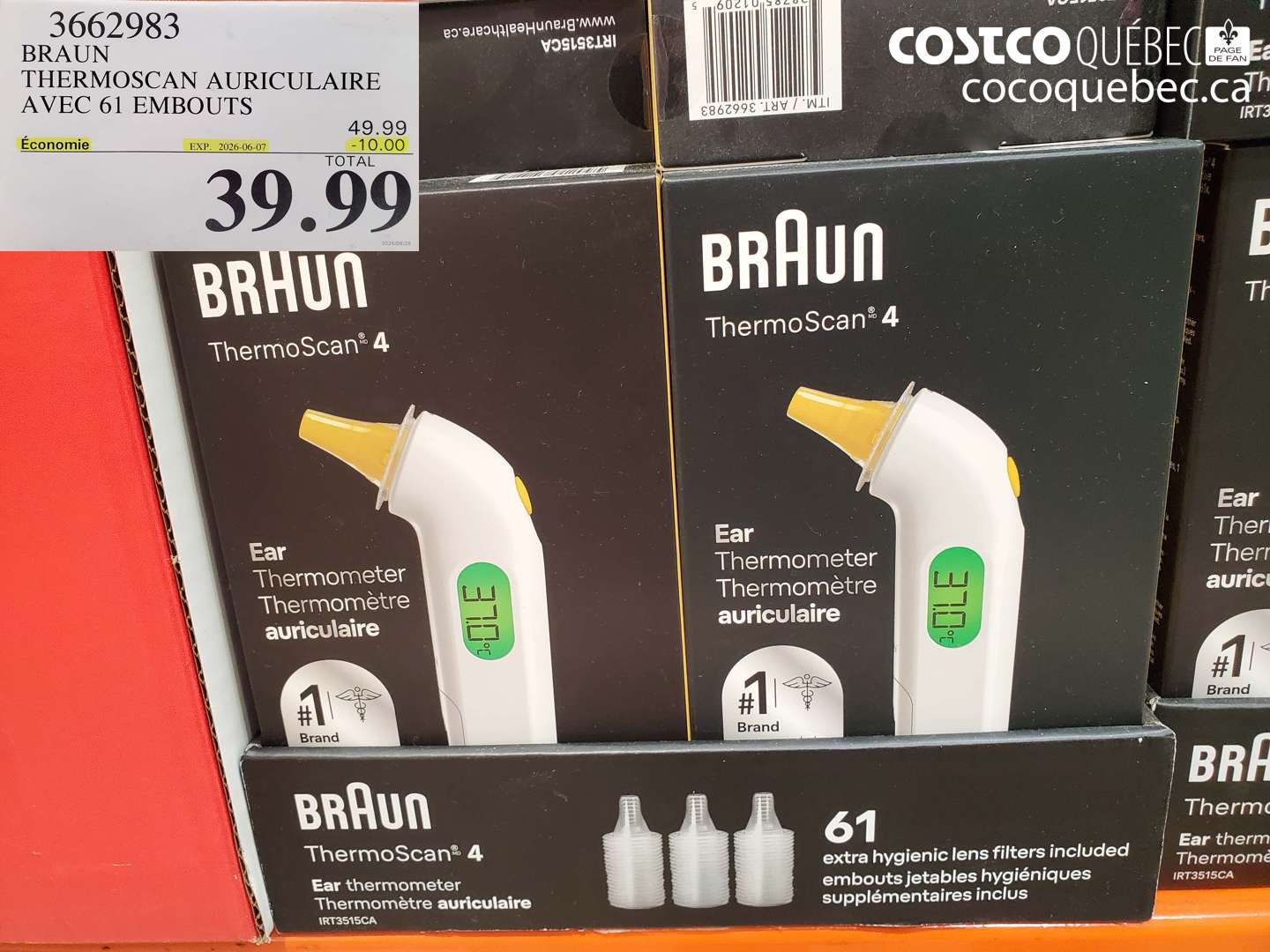 3662983 BRAUN THERMOSCAN AURICULAIRE AVEC 61 EMBOUTS ($10.00 INSTANT SAVINGS EXPIRES ON 2026-06-07) $39.99