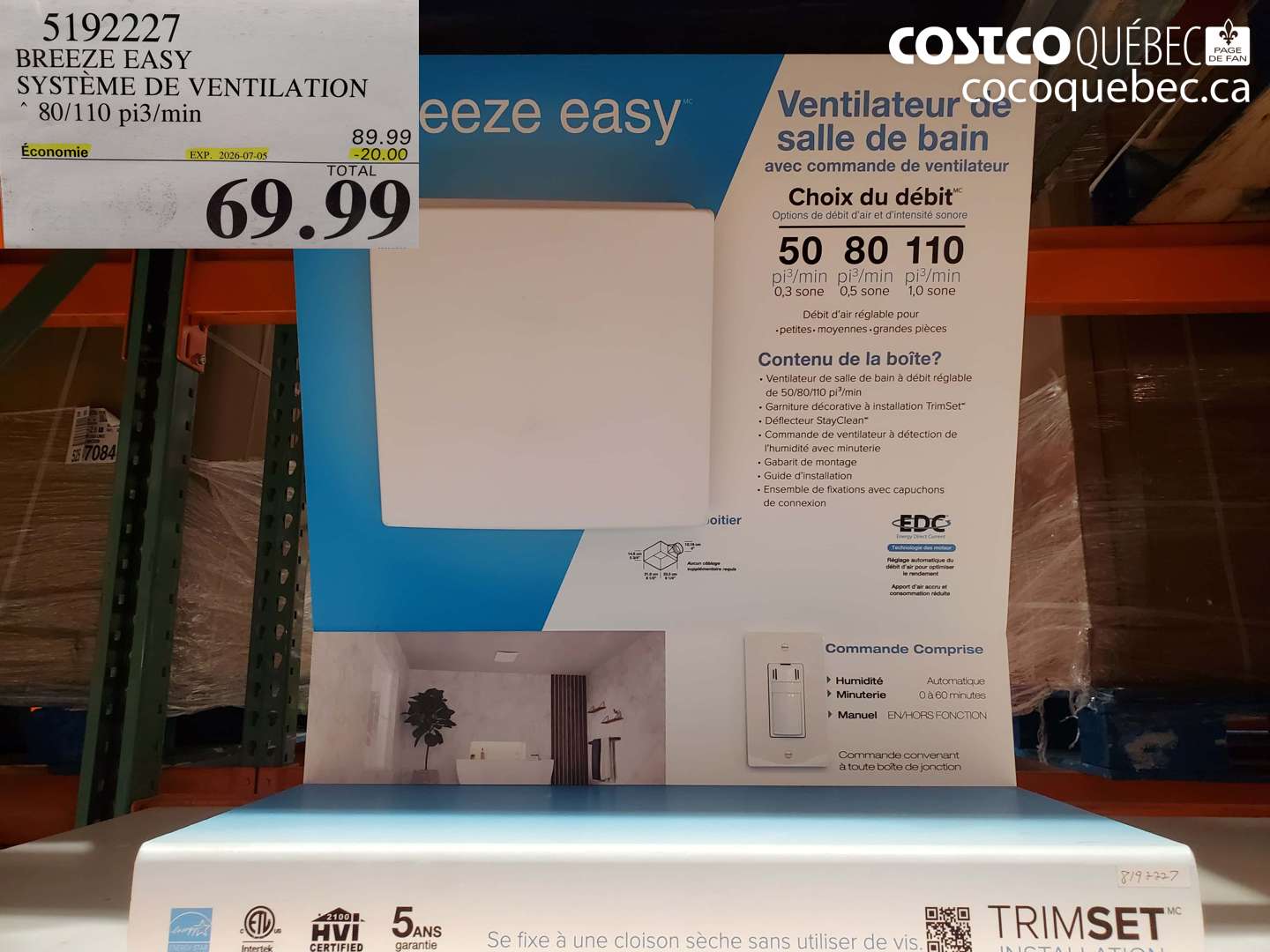 5192227 BREEZE EASY SYSTÈME DE VENTILATION 80/110 PI3/MIN ($20.00 INSTANT SAVINGS EXPIRES ON 2026-07-05) $69.99