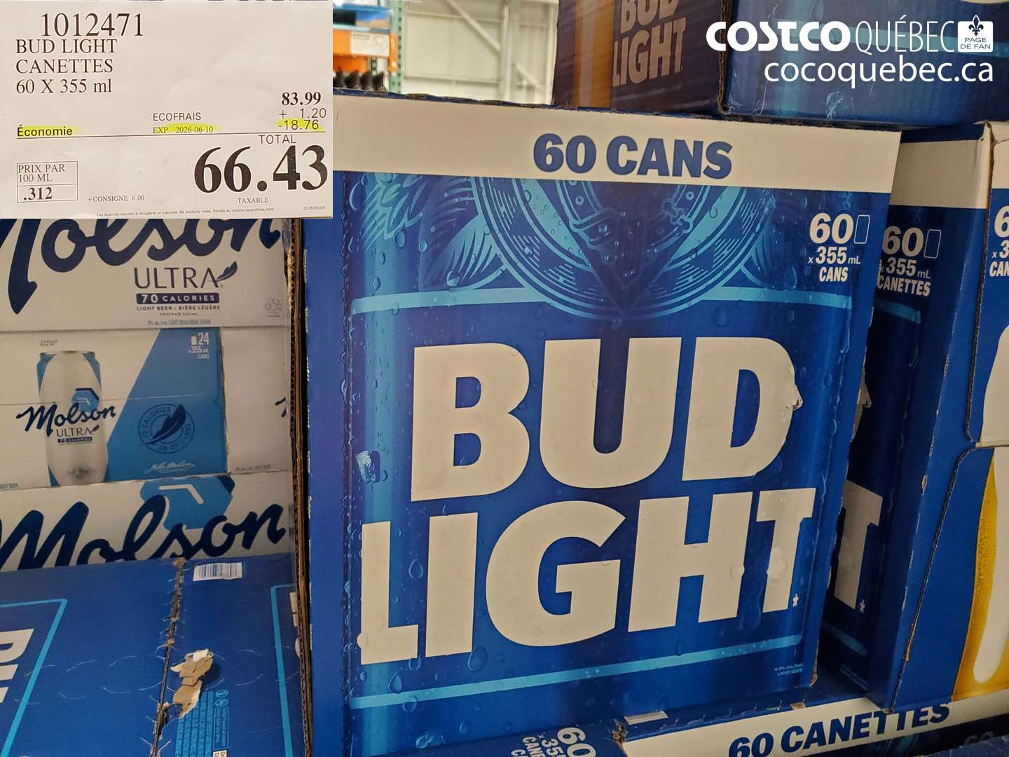 1012471 BUD LIGHT CANETTES 60 X 355 ML ($18.76 INSTANT SAVINGS EXPIRES ON 2026-06-10) $66.43