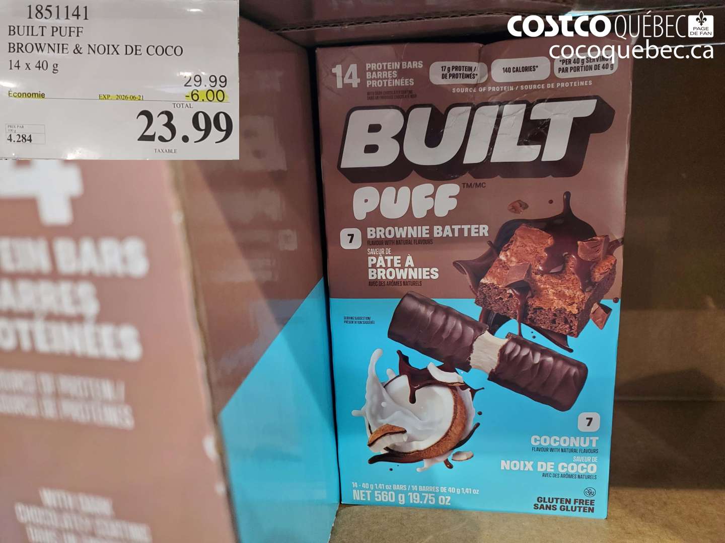 1851141 BUILT PUFF BROWNIE & NOIX DE COCO 14 X 40 G ($6.00 INSTANT SAVINGS EXPIRES ON 2026-06-21) $23.99
