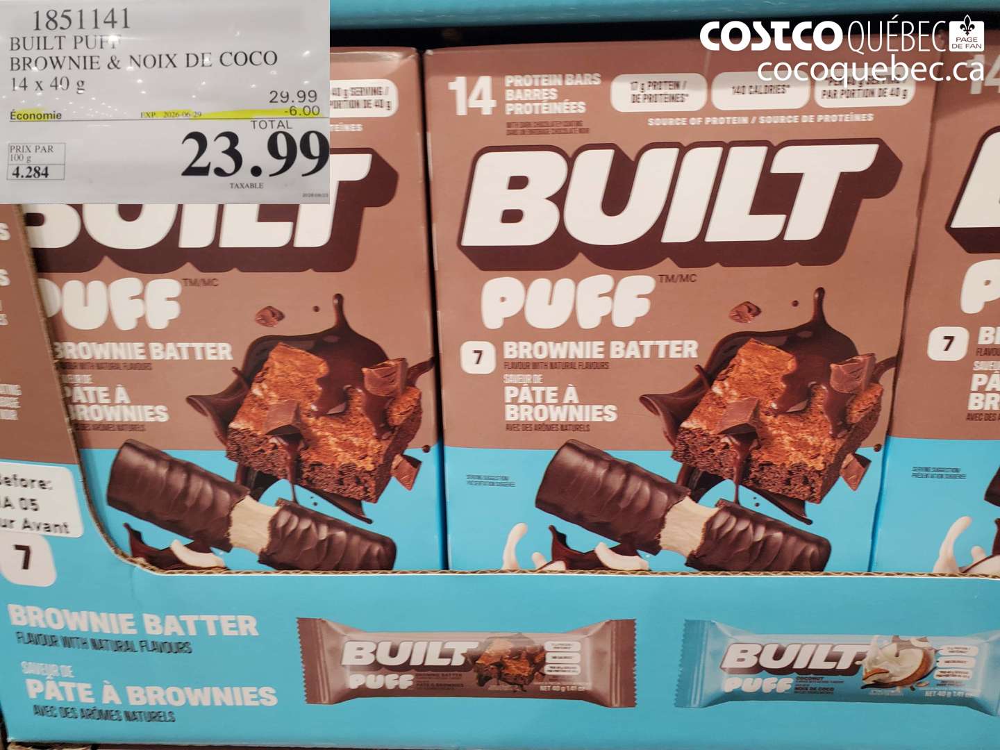 1851141 BUILT PUFF BROWNIE & NOIX DE COCO 14 X 40 G ($6.00 INSTANT SAVINGS EXPIRES ON 2026-06-29) $23.99