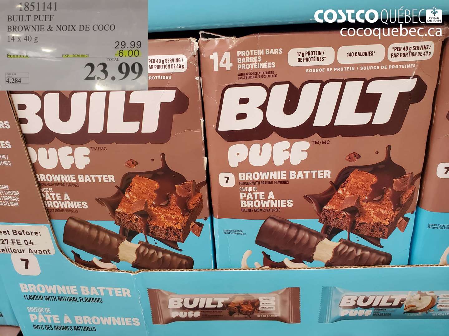 1851141 BUILT PUFF BROWNIE & NOIX DE COCO 14 x 40 G ($6.00 INSTANT SAVINGS EXPIRES ON 2026-06-21) $23.99