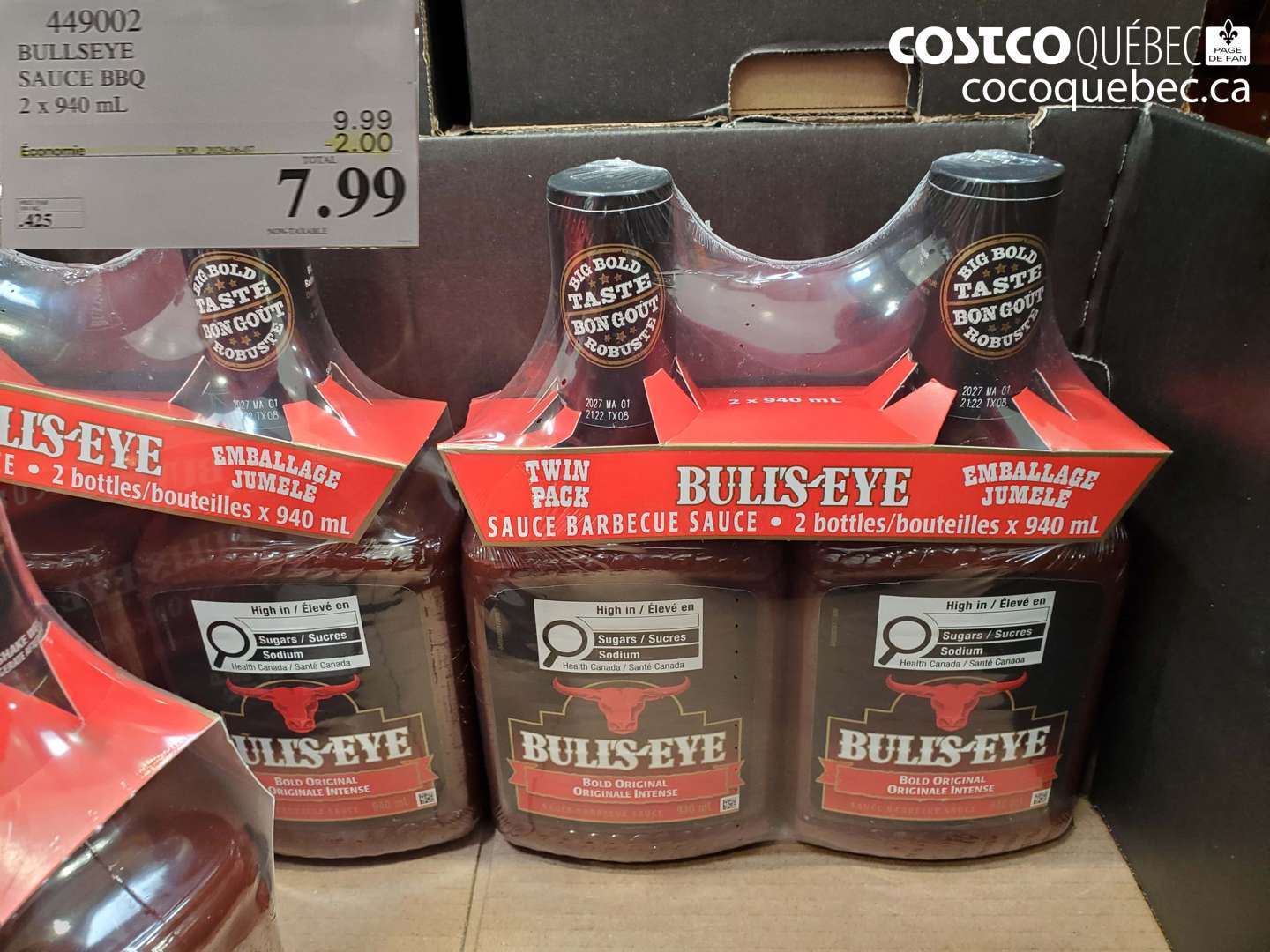 449002 BULLSEYE SAUCE BBQ 2 X 940 ML ($2.00 INSTANT SAVINGS EXPIRES ON 2024-08-18) $7.99