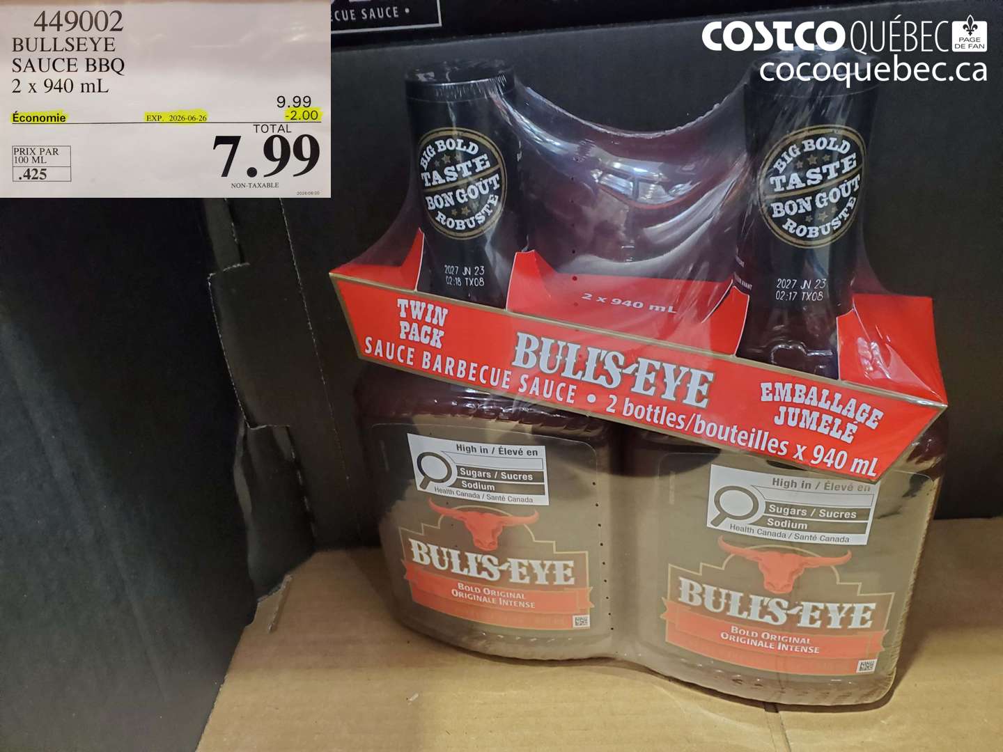 449002 BULLSEYE SAUCE BBQ 2 X 940 ML ($2.00 INSTANT SAVINGS EXPIRES ON 2026-06-26) $7.99