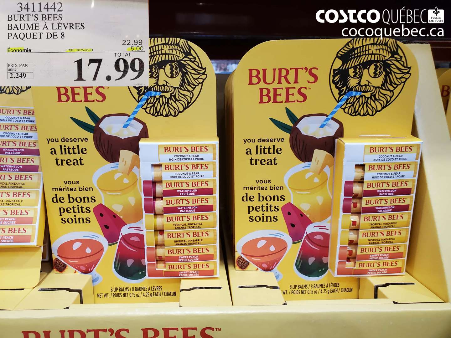 3411442 BURT'S BEES BAUME À LÈVRES PAQUET DE 8 ($5.00 INSTANT SAVINGS EXPIRES ON 2026-06-21) $17.99