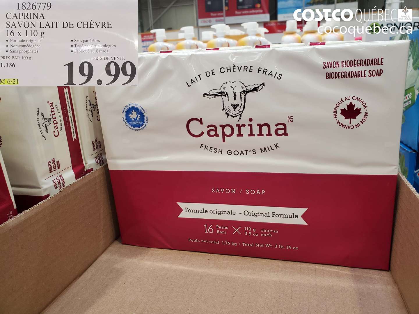 1826779 CAPRINA SAVON LAIT DE CHÈVRE 16 X 110 G $19.99