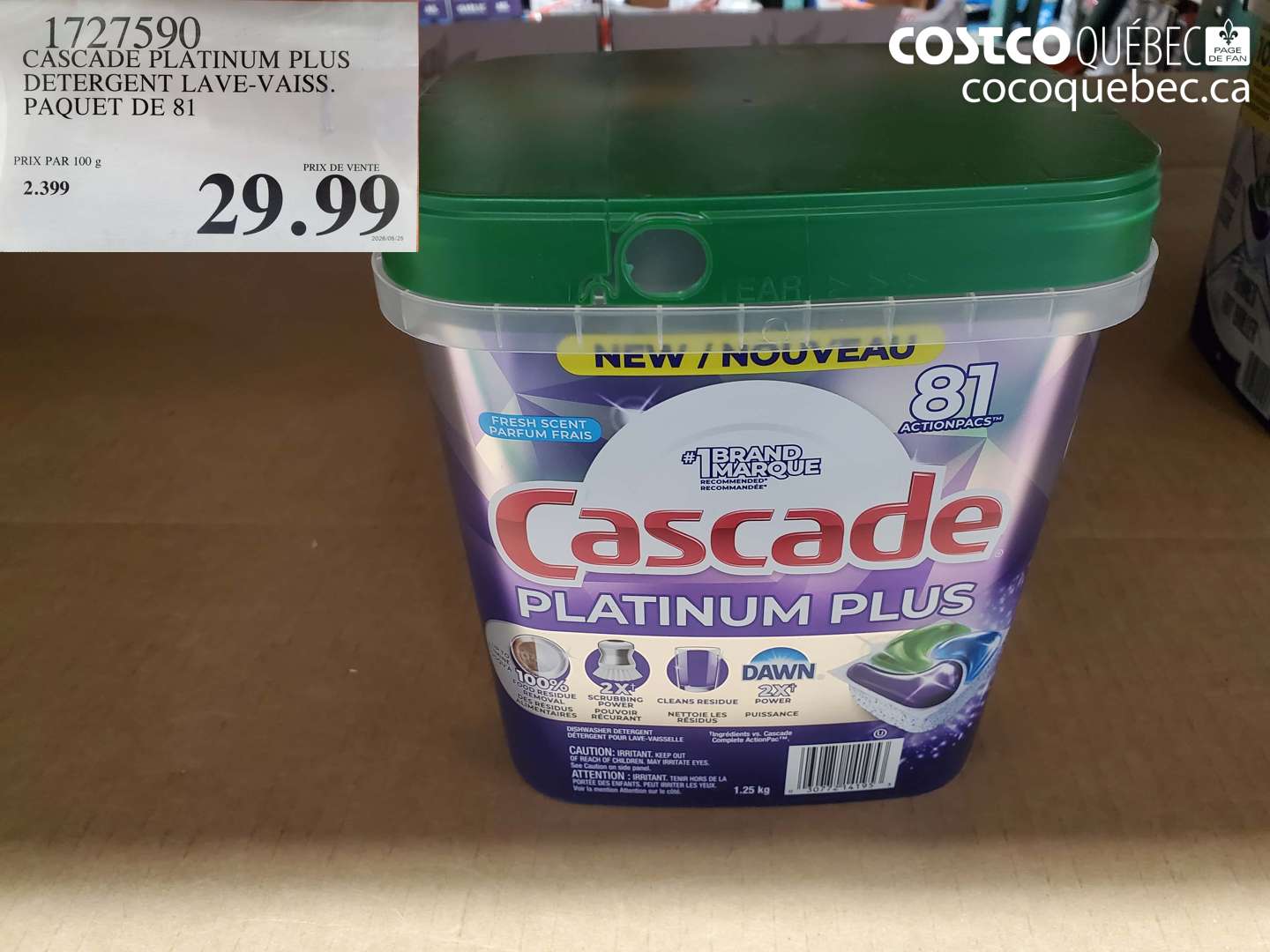 1727590 CASCADE PLATINUM PLUS DETERGENT LAVE-VAISS. PAQUET DE 81 $29.99