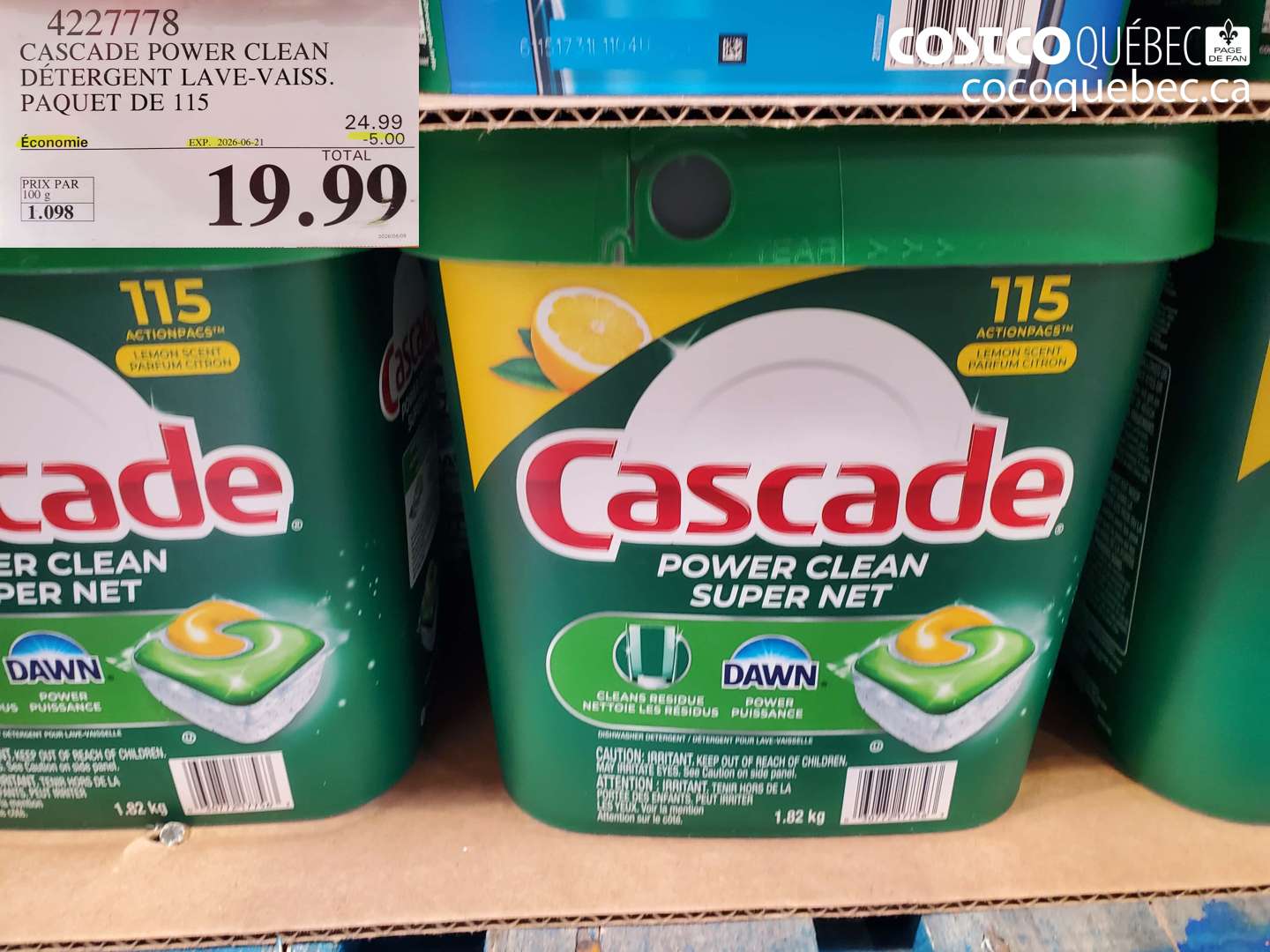 4227778 CASCADE POWER CLEAN DÉTERGENT LAVE-VAISS. PAQUET DE 115 ($5.00 INSTANT SAVINGS EXPIRES ON 2026-06-21) $19.99