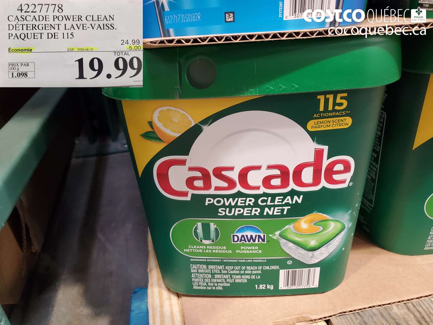 4227778 CASCADE POWER CLEAN DÉTERGENT LAVE-VAISS. PAQUET DE 115 ($5.00 INSTANT SAVINGS EXPIRES ON 2026-06-21) $19.99