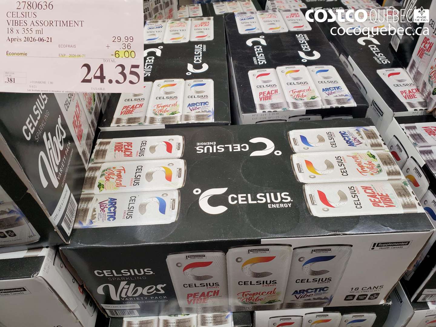2780636 CELSIUS VIBES ASSORTIMENT 18 X 355 ML ($6.00 INSTANT SAVINGS EXPIRES ON 2026-06-21) $24.35