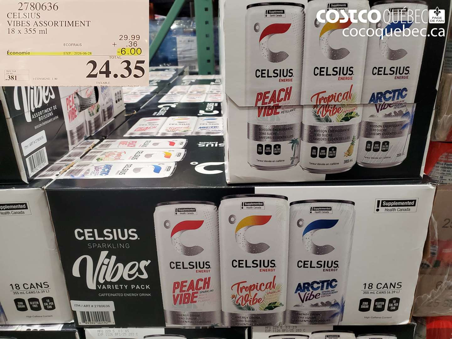2780636 CELSIUS VIBES ASSORTIMENT 18 X 355 ML ($6.00 INSTANT SAVINGS EXPIRES ON 2026-06-28) $24.35