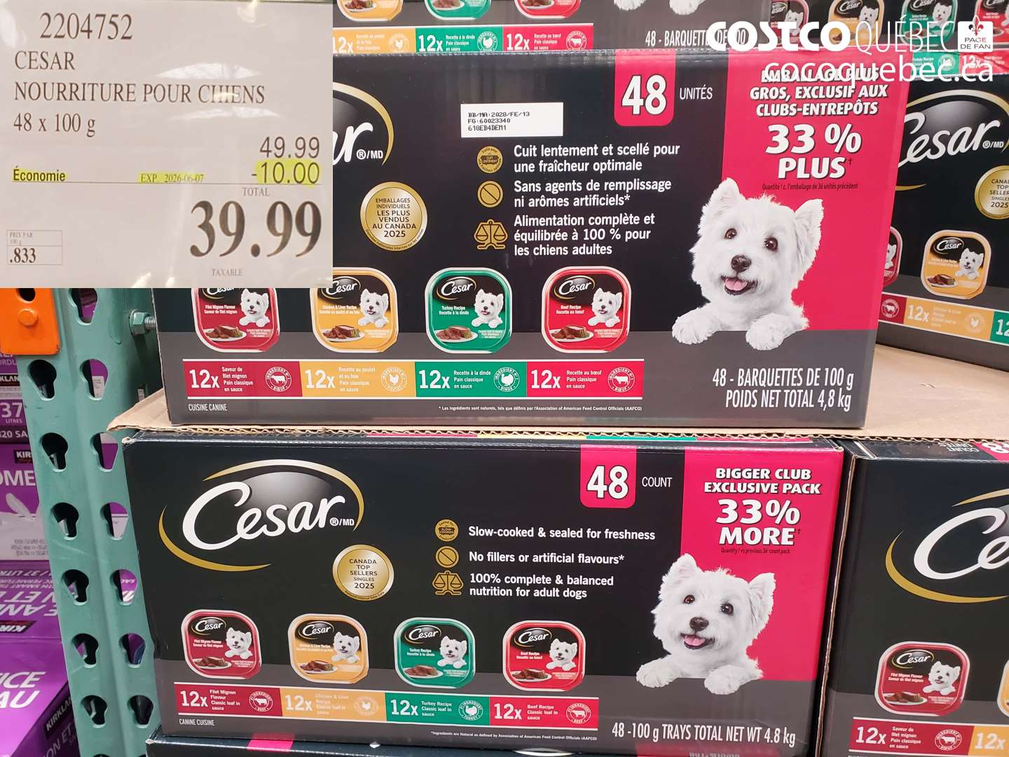 2204752 CESAR NOURRITURE POUR CHIENS 48 X 100 G ($10.00 INSTANT SAVINGS EXPIRES ON 2026-06-07) $39.99
