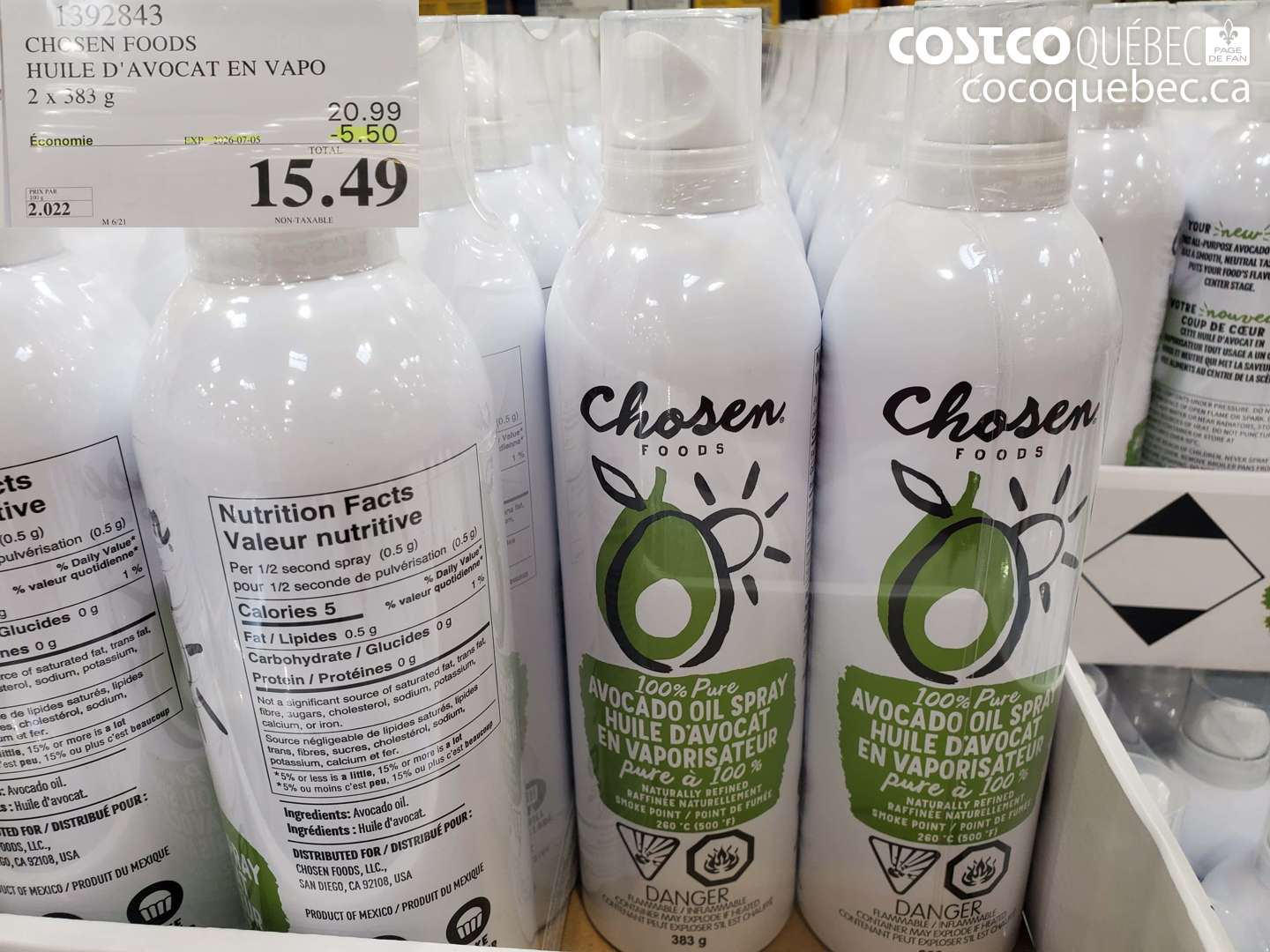 1392843 CHCSEN FOODS HUILE D'AVOCAT EN VAPO 2 X 383 G ($5.50 INSTANT SAVINGS EXPIRES ON 2026-07-05) $15.49