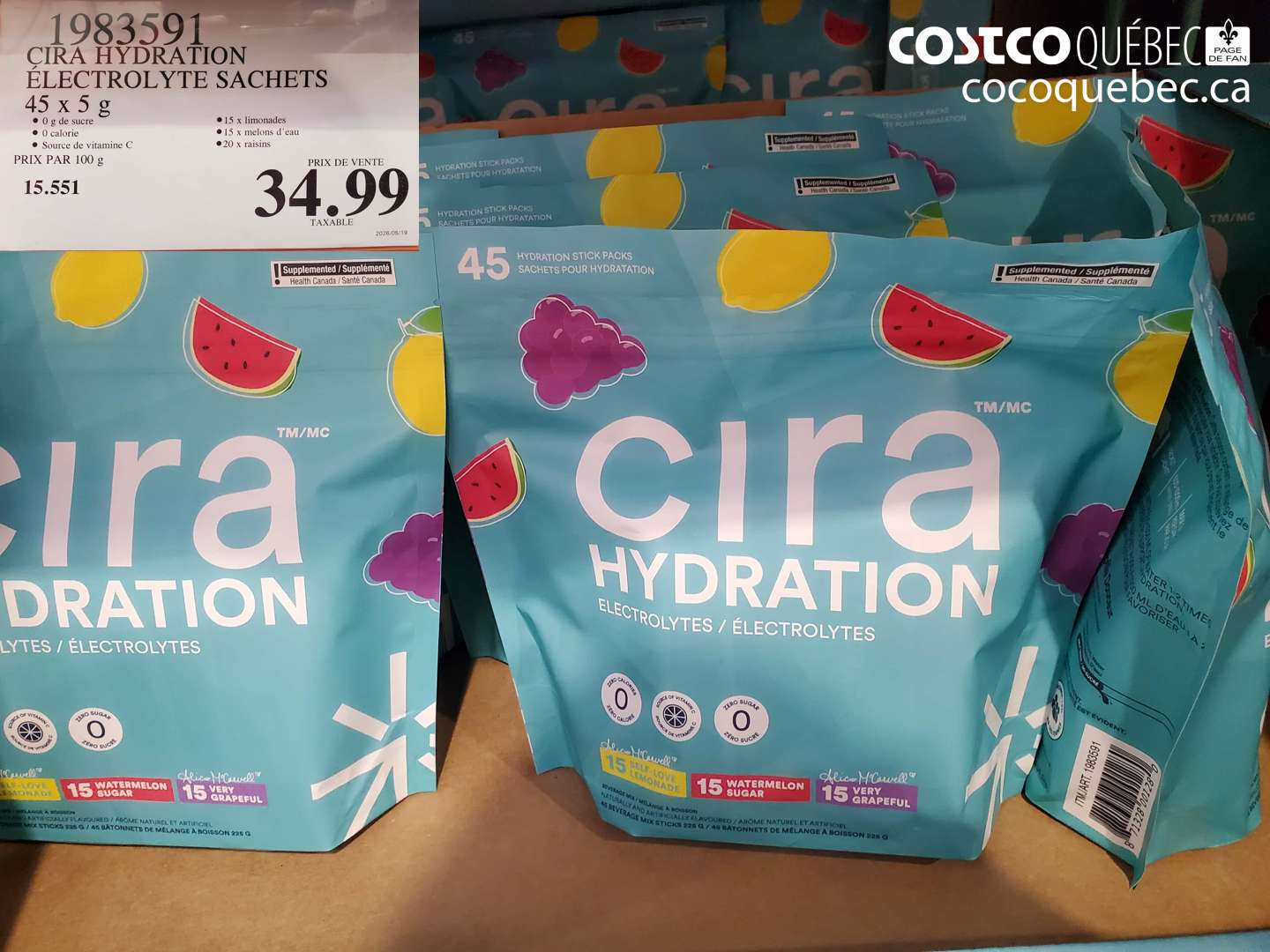 1983591 CIRA HYDRATION ÉLECTROLYTE SACHETS 45 X 5 G $34.99