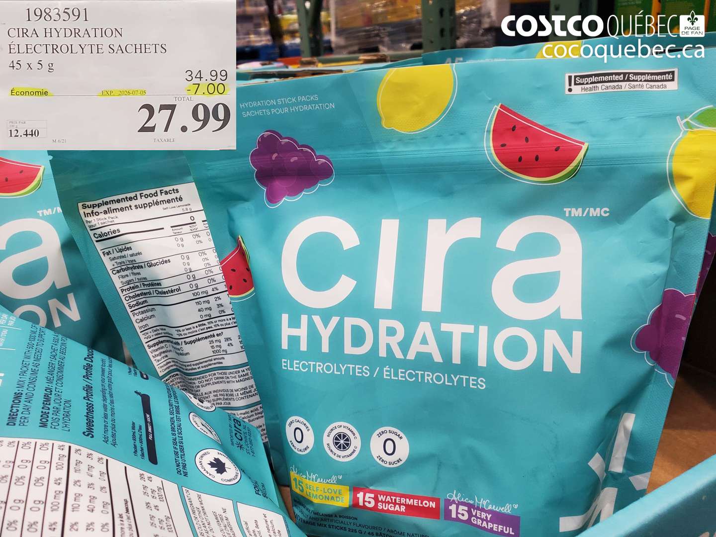 1983591 CIRA HYDRATION ÉLECTROLYTE SACHETS 45 X 5 G ($7.00 INSTANT SAVINGS EXPIRES ON 2026-07-05) $27.99