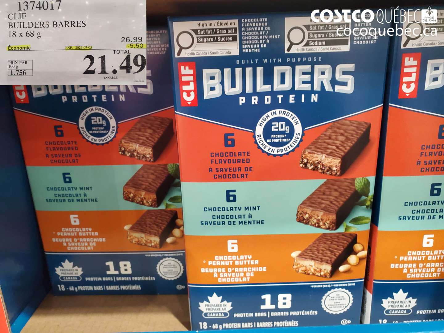 1374017 CLIF BUILDERS BARRES 18 X 68 G ($5.50 INSTANT SAVINGS EXPIRES ON 2026-07-05) $21.49