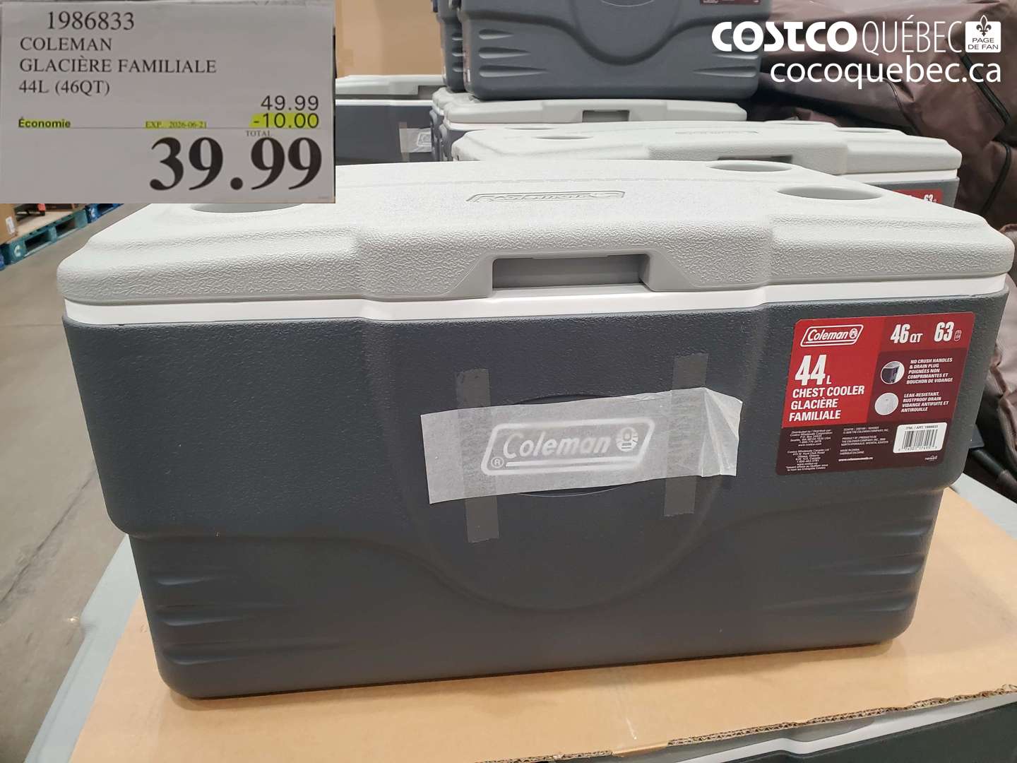 1986833 COLEMAN GLACIÈRE FAMILIALE 44L (46QT) ($10.00 INSTANT SAVINGS EXPIRES ON 2026-09-21) $39.99