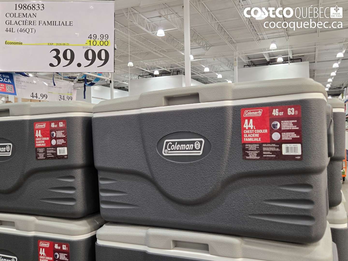 1986833 COLEMAN GLACIÈRE FAMILIALE 44L (46QT) ($10.00 INSTANT SAVINGS EXPIRES ON 2026-06-21) $39.99
