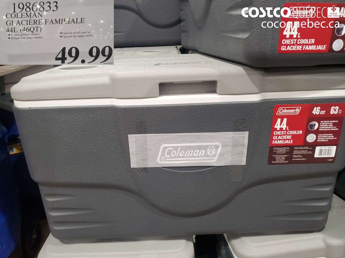 1986833 COLEMAN GLACIÈRE FAMILIALE 44L (46QT) $49.99