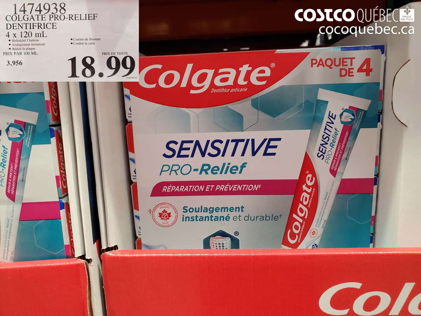 1474938 COLGATE PRO-RELIEF DENTIFRICE 4 X 120 ML $18.99