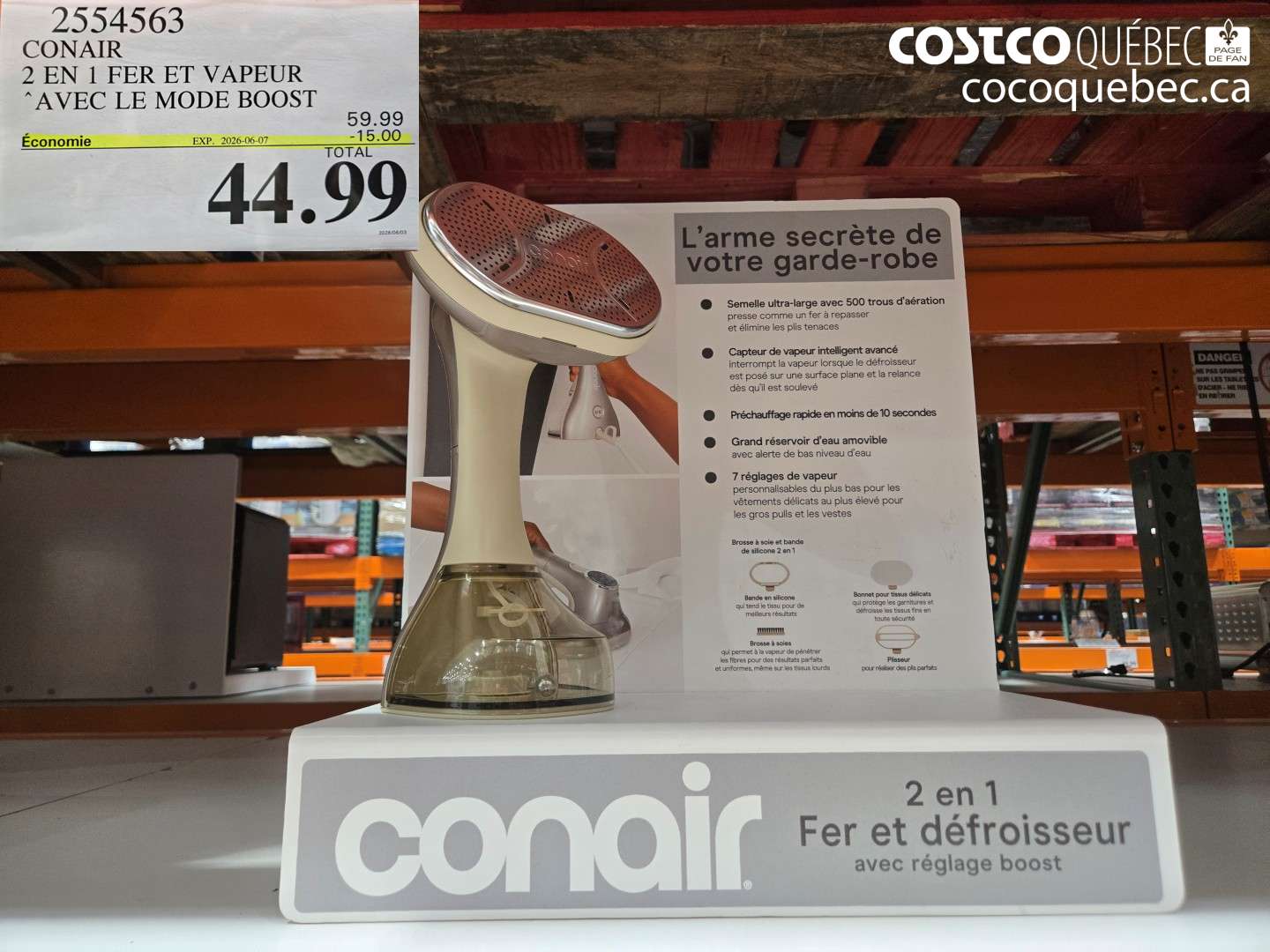 2554563 CONAIR 2 EN 1 FER ET VAPEUR AVEC LE MODE BOOST ($15.00 INSTANT SAVINGS EXPIRES ON 2026-06-07) $44.99
