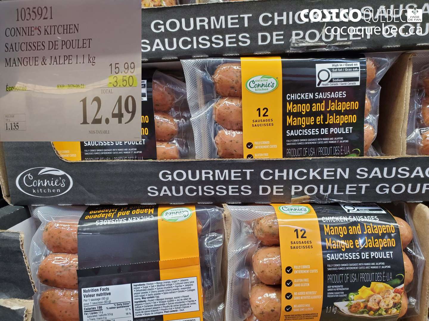 1035921 CONNIE'S KITCHEN SAUCISSES DE POULET MANGUE & JALPE 1.1 KG ($3.50 INSTANT SAVINGS EXPIRES ON 2026-06-21) $12.49