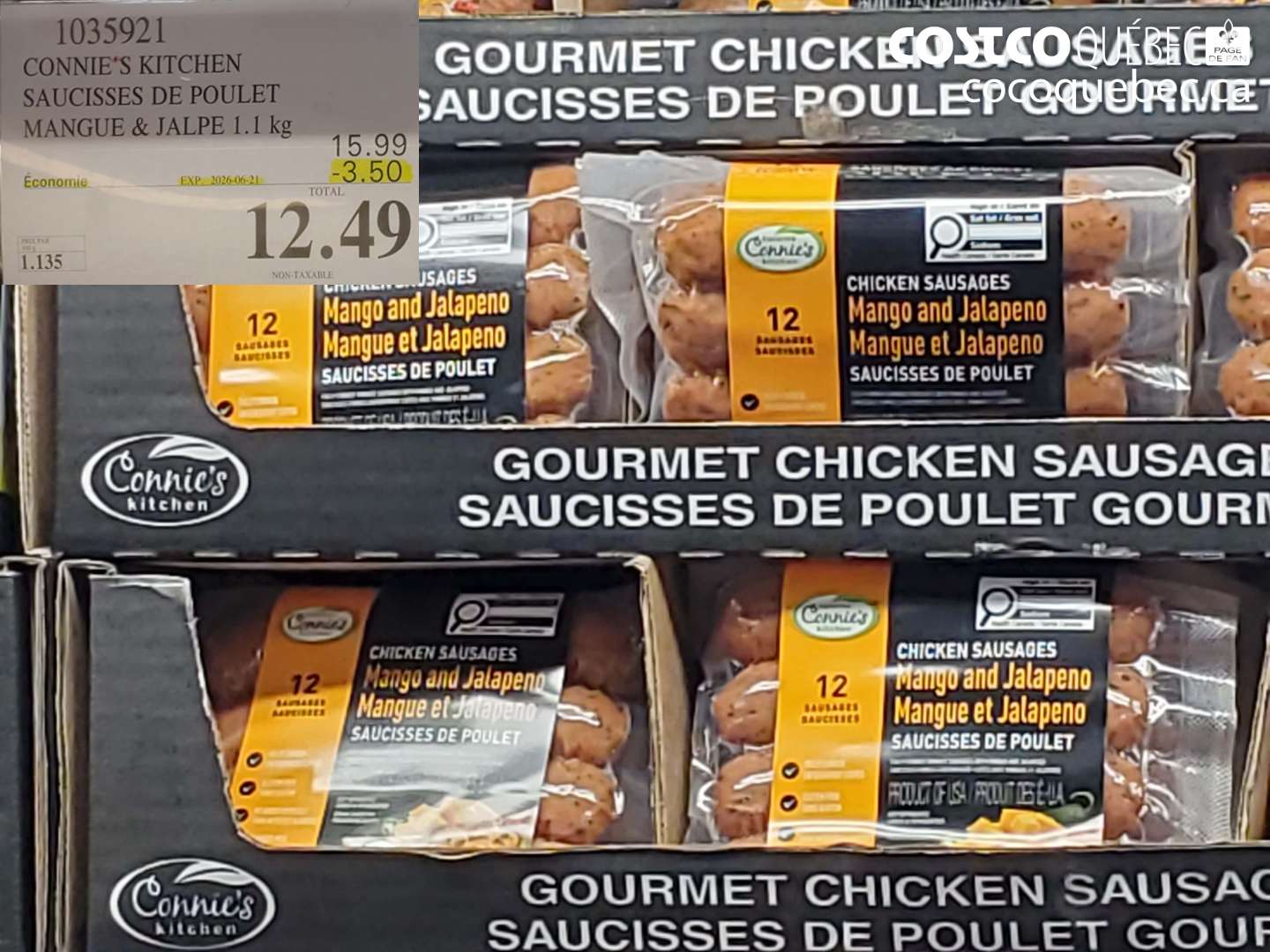 1035921 CONNIE'S KITCHEN SAUCISSES DE POULET MANGUE & JALPE 1.1 KG ($3.50 INSTANT SAVINGS EXPIRES ON 2026-06-21) $12.49