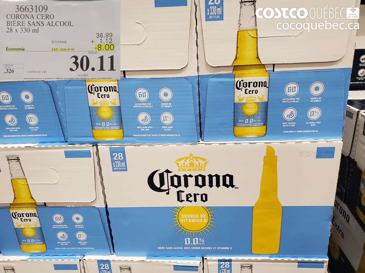 3663109 CORONA CERO BIÈRE SANS ALCOOL 28 X 330 ML ($8.00 INSTANT SAVINGS EXPIRES ON 2026-07-05) $30.11