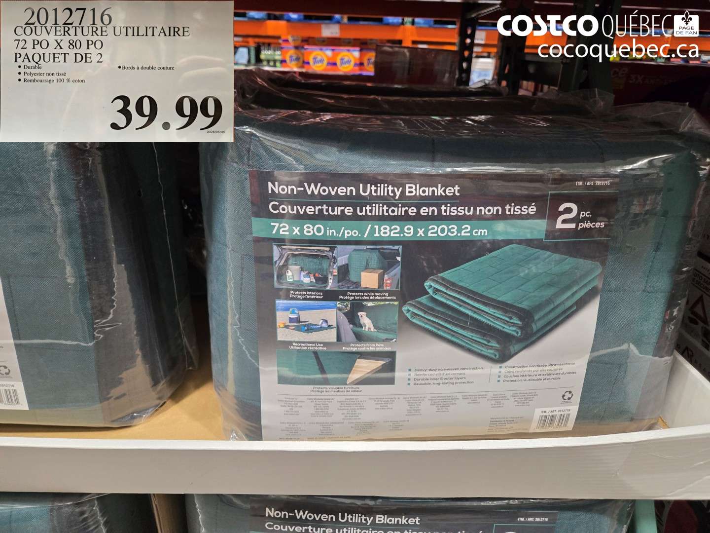 2012716 COUVERTURE UTILITAIRE 72 PO X 80 PO PAQUET DE 2 $39.99