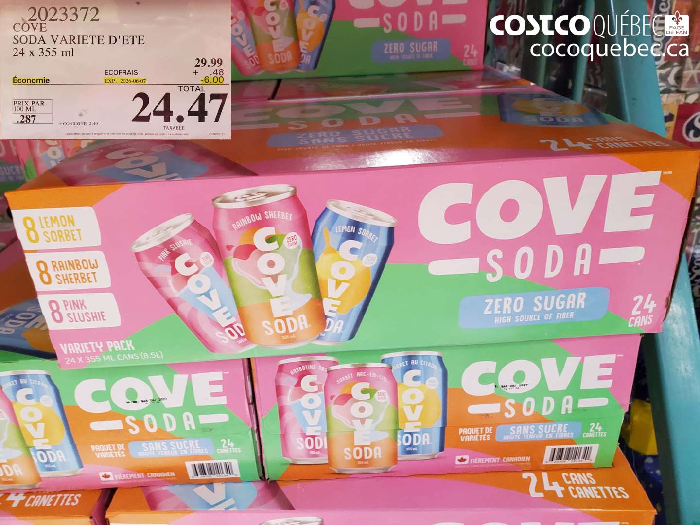 2023372 COVE SODA VARIETE D'ETE 24 X 355 ML ($6.00 INSTANT SAVINGS EXPIRES ON 2026-06-07) $24.47