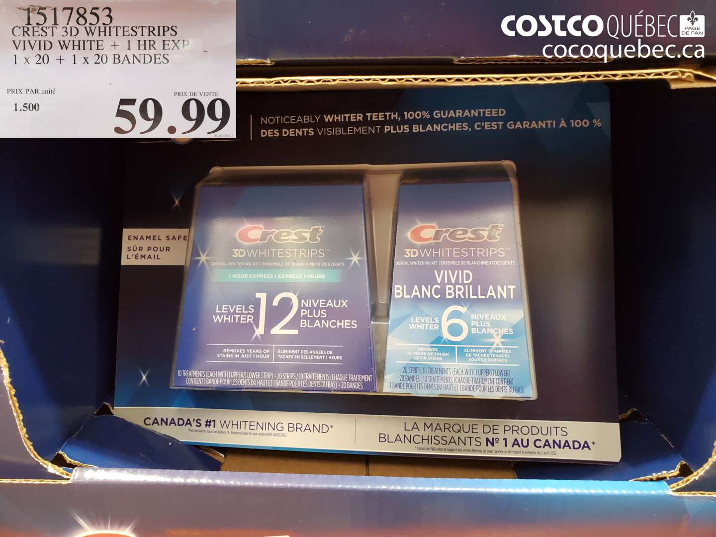 1517853 CREST 3D WHITESTRIPS VIVID WHITE + 1 HR EXP 1 X 20 + 1 X 20 BANDES $59.99