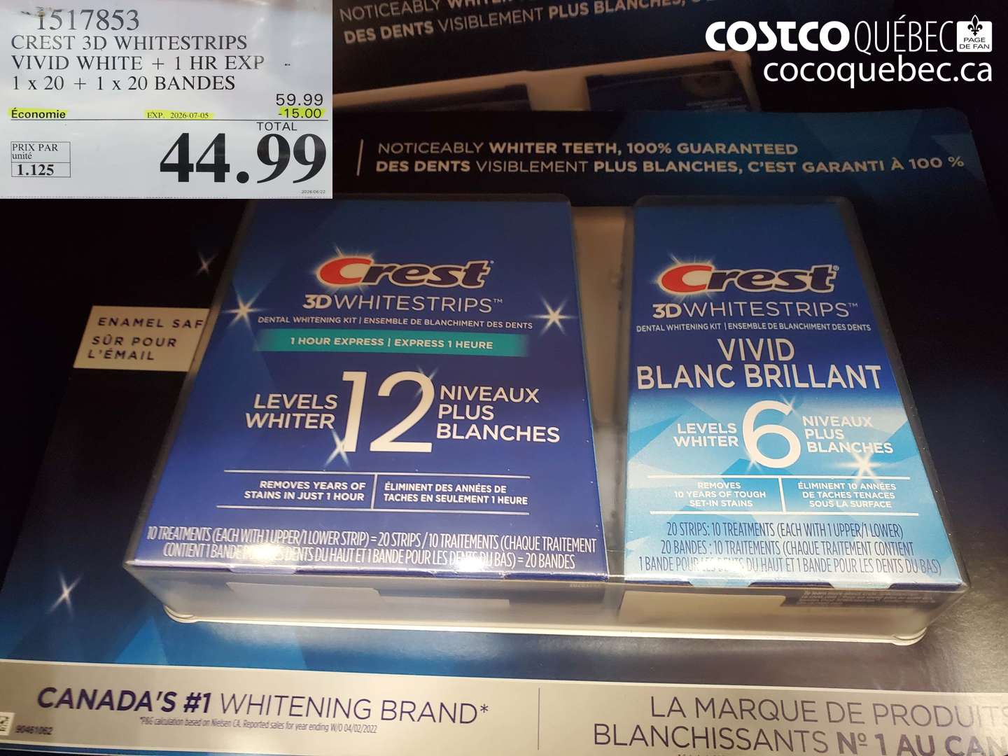 1517853 CREST 3D WHITESTRIPS VIVID WHITE + 1 HR EXP 1 X 20 + 1 X 20 BANDES ($15.00 INSTANT SAVINGS EXPIRES ON 2026-07-05) $44.99