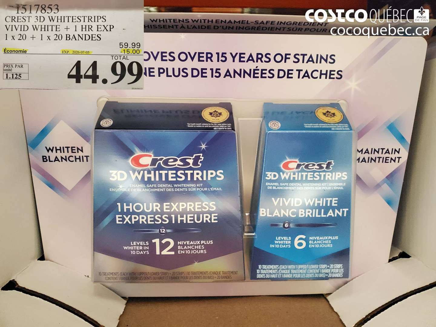 1517853 CREST 3D WHITESTRIPS VIVID WHITE + 1 HR EXP 1 X 20 + 1 X 20 BANDES ($15.00 INSTANT SAVINGS EXPIRES ON 2026-07-05) $44.99