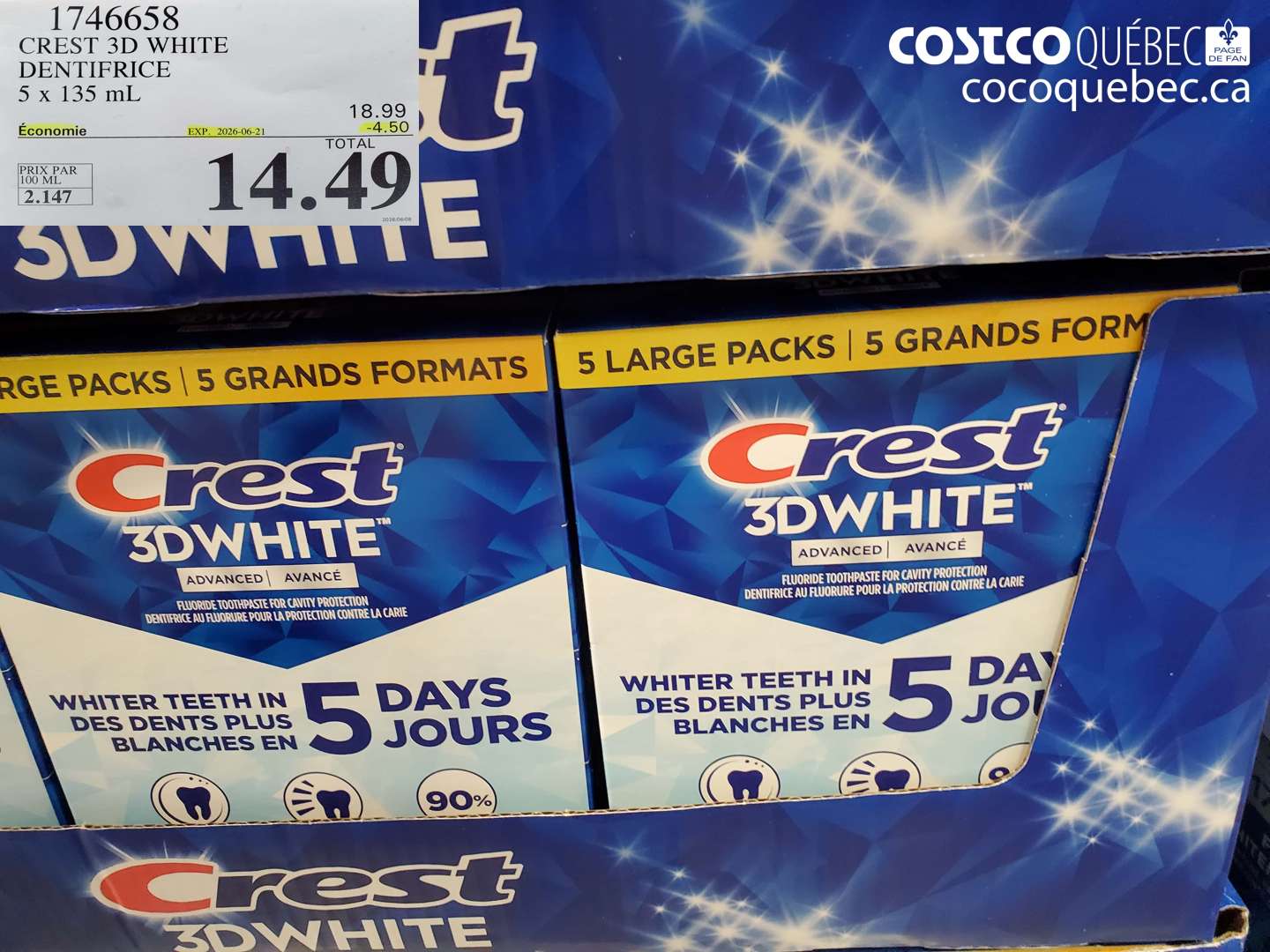 1746658 CREST 3D WHITE DENTIFRICE 5 X 135 ML ($4.50 INSTANT SAVINGS EXPIRES ON 2026-06-21) $14.49