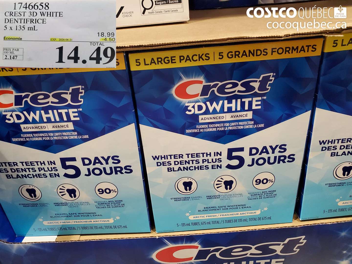 1746658 CREST 3D WHITE DENTIFRICE 5 X 135 ML ($4.50 INSTANT SAVINGS EXPIRES ON 2026-06-21) $14.49
