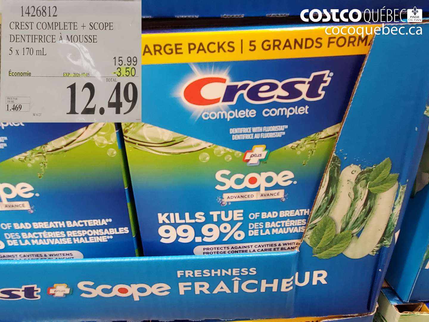 1426812 CREST COMPLETE + SCOPE DENTIFRICE À MOUSSE 5 X 170 ML ($3.50 INSTANT SAVINGS EXPIRES ON 2026-07-05) $12.49