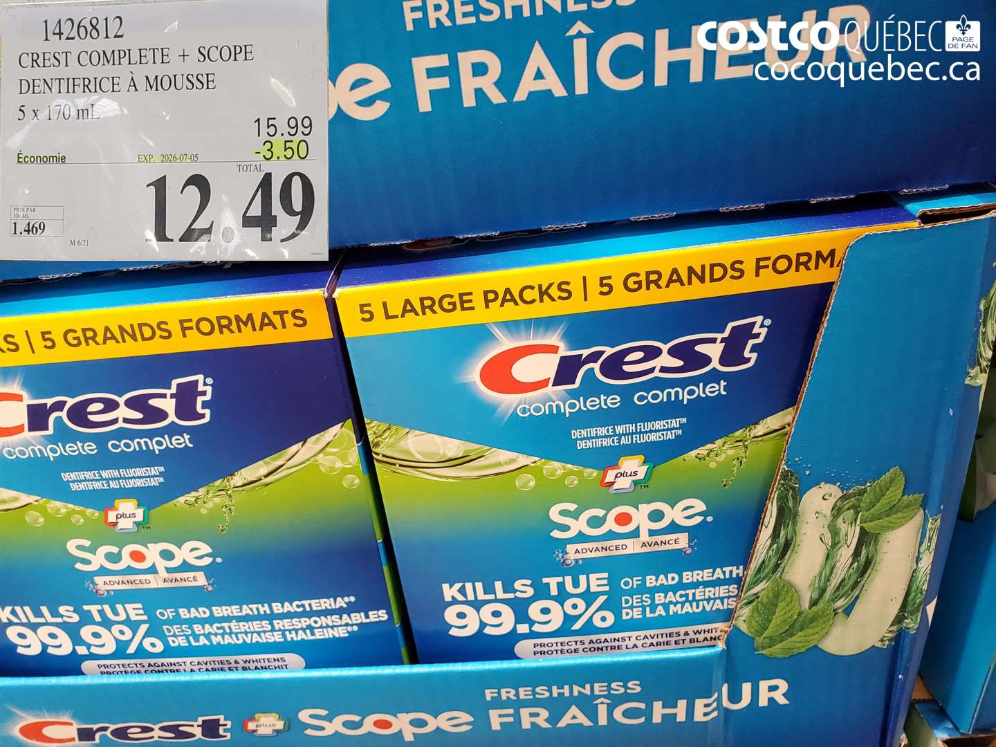 1426812 CREST COMPLETE + SCOPE DENTIFRICE À MOUSSE 5 X 170 ML ($3.50 INSTANT SAVINGS EXPIRES ON 2026-07-05) $12.49
