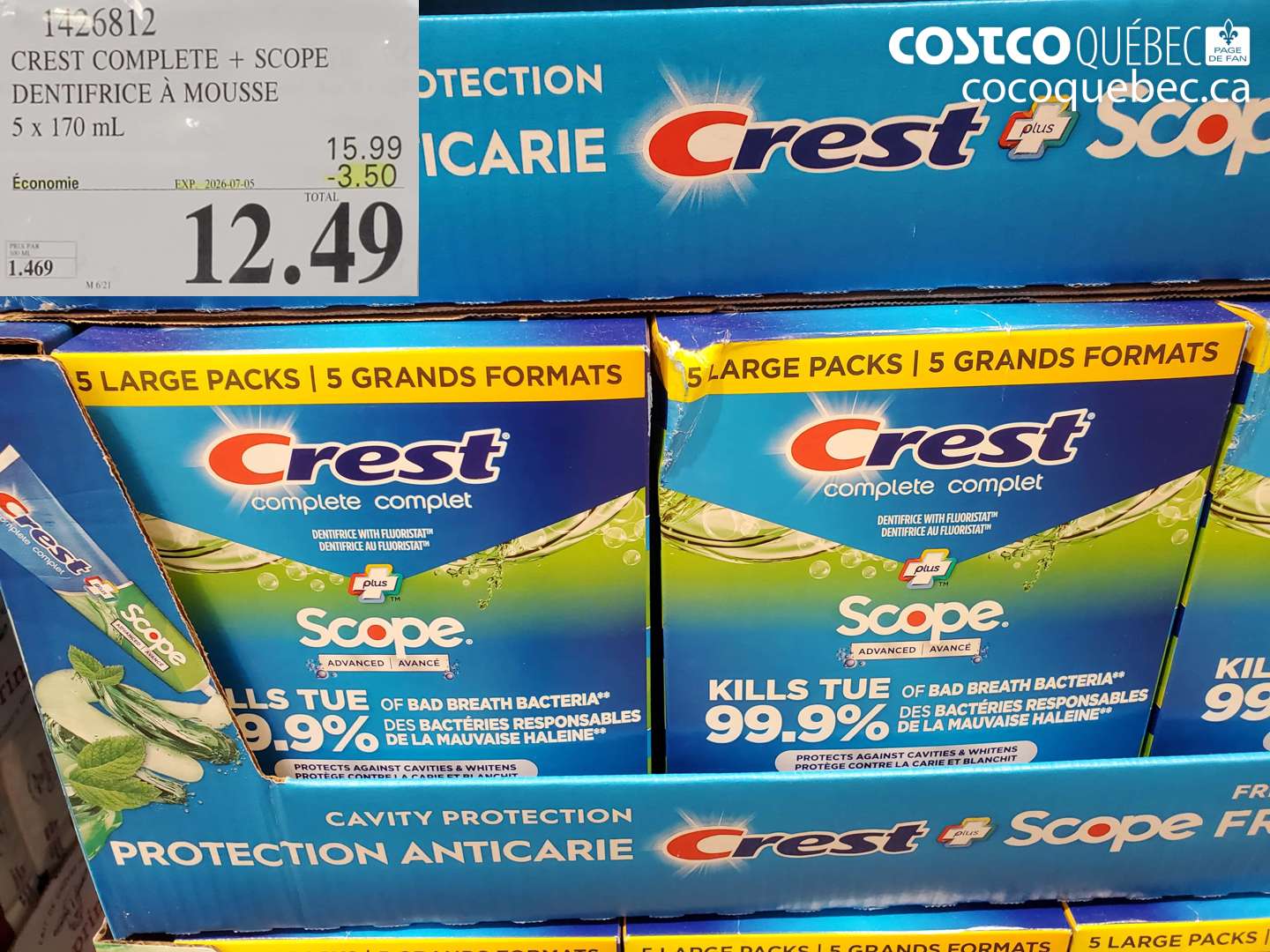 1426812 CREST COMPLETE + SCOPE DENTIFRICE À MOUSSE 5 X 170 ML ($3.50 INSTANT SAVINGS EXPIRES ON 2026-07-05) $12.49