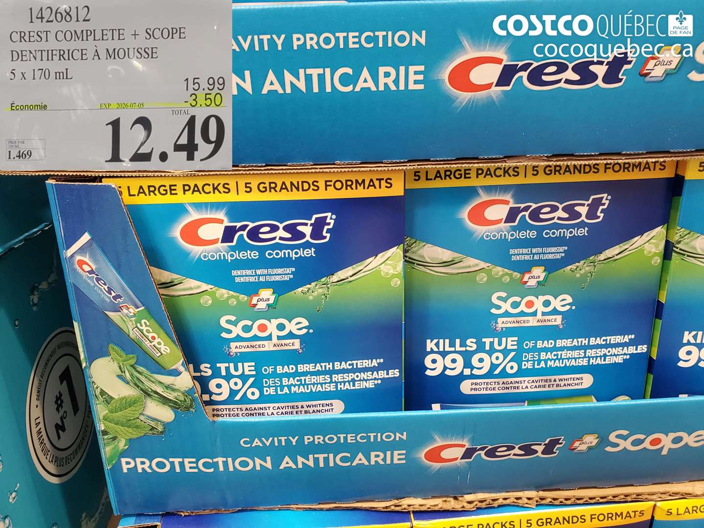 1426812 CREST COMPLETE + SCOPE DENTIFRICE À MOUSSE 5 X 170 ML ($3.50 INSTANT SAVINGS EXPIRES ON 2026-07-05) $12.49