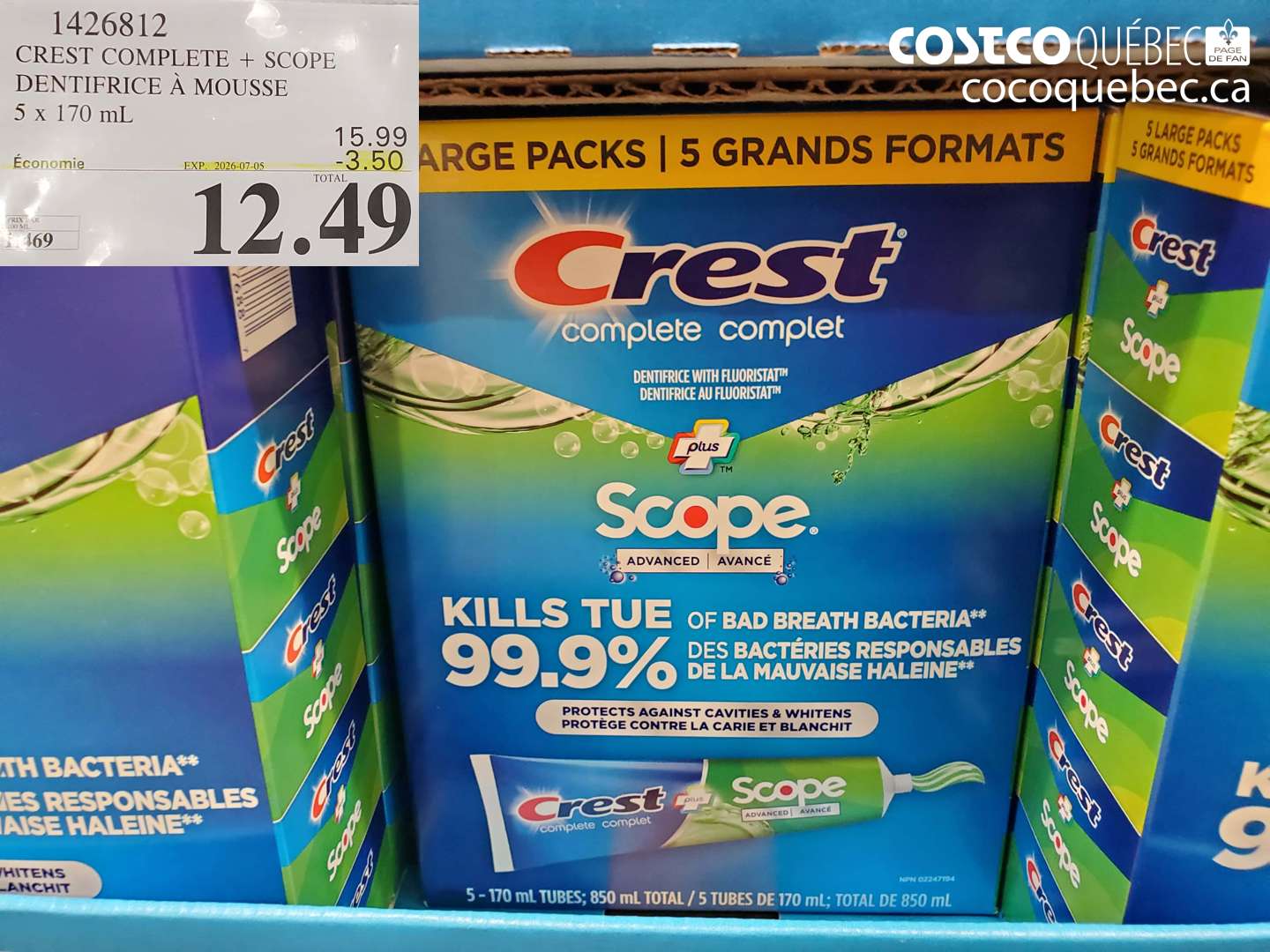 1426812 CREST COMPLETE + SCOPE DENTIFRICE À MOUSSE 5 X 170 ML ($3.50 INSTANT SAVINGS EXPIRES ON 2026-07-05) $12.49