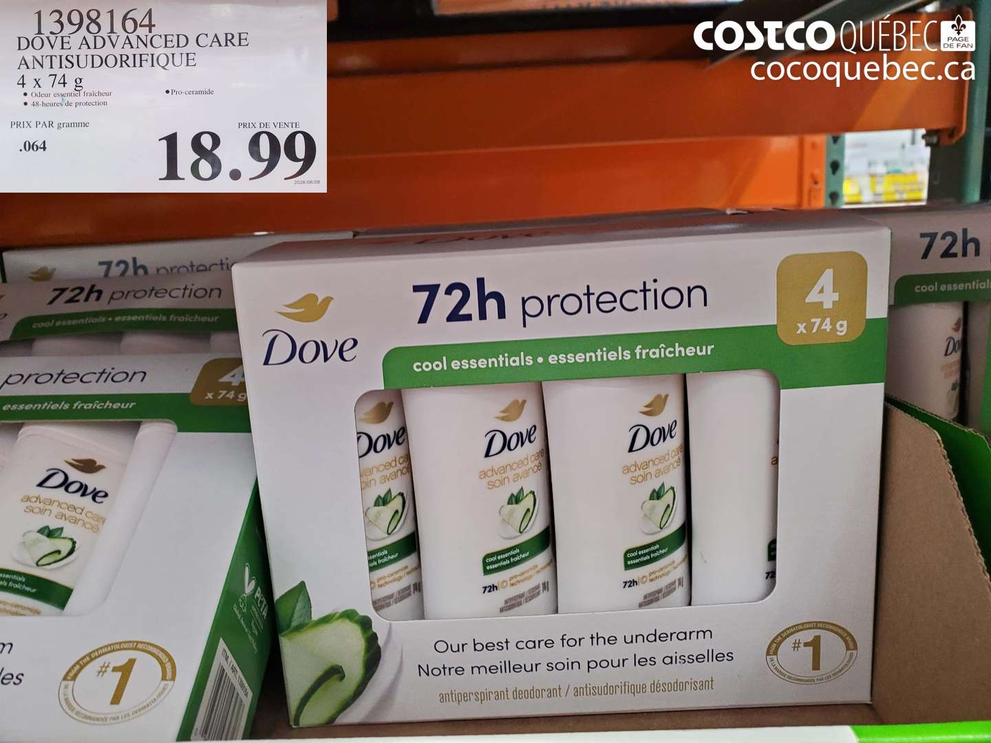 1398164 DOVE ADVANCED CARE ANTISUDORIFIQUE 4 X 74 G $18.99