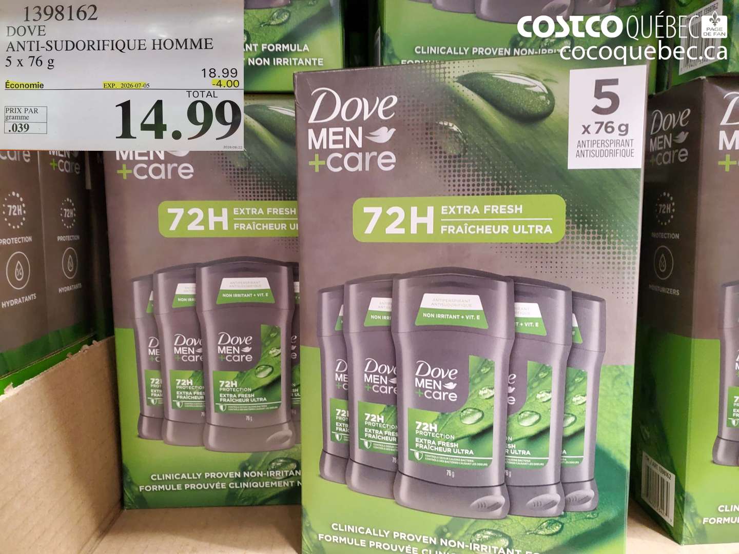 1398162 DOVE ANTI-SUDORIFIQUE HOMME 5 X 76 G ($4.00 INSTANT SAVINGS EXPIRES ON 2026-07-05) $14.99