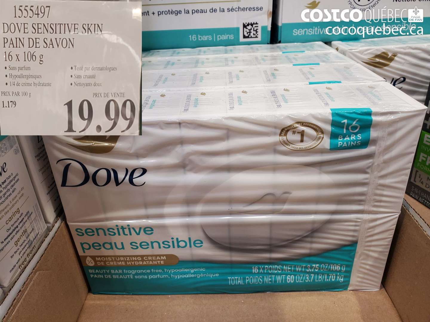 1555497 DOVE SENSITIVE SKIN PAIN DE SAVON 16 X 106 G $19.99