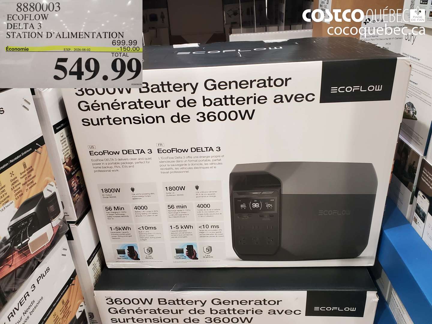 8880003 ECOFLOW DELTA 3 STATION D'ALIMENTATION ($150.00 INSTANT SAVINGS EXPIRES ON 2026-08-02) $549.99