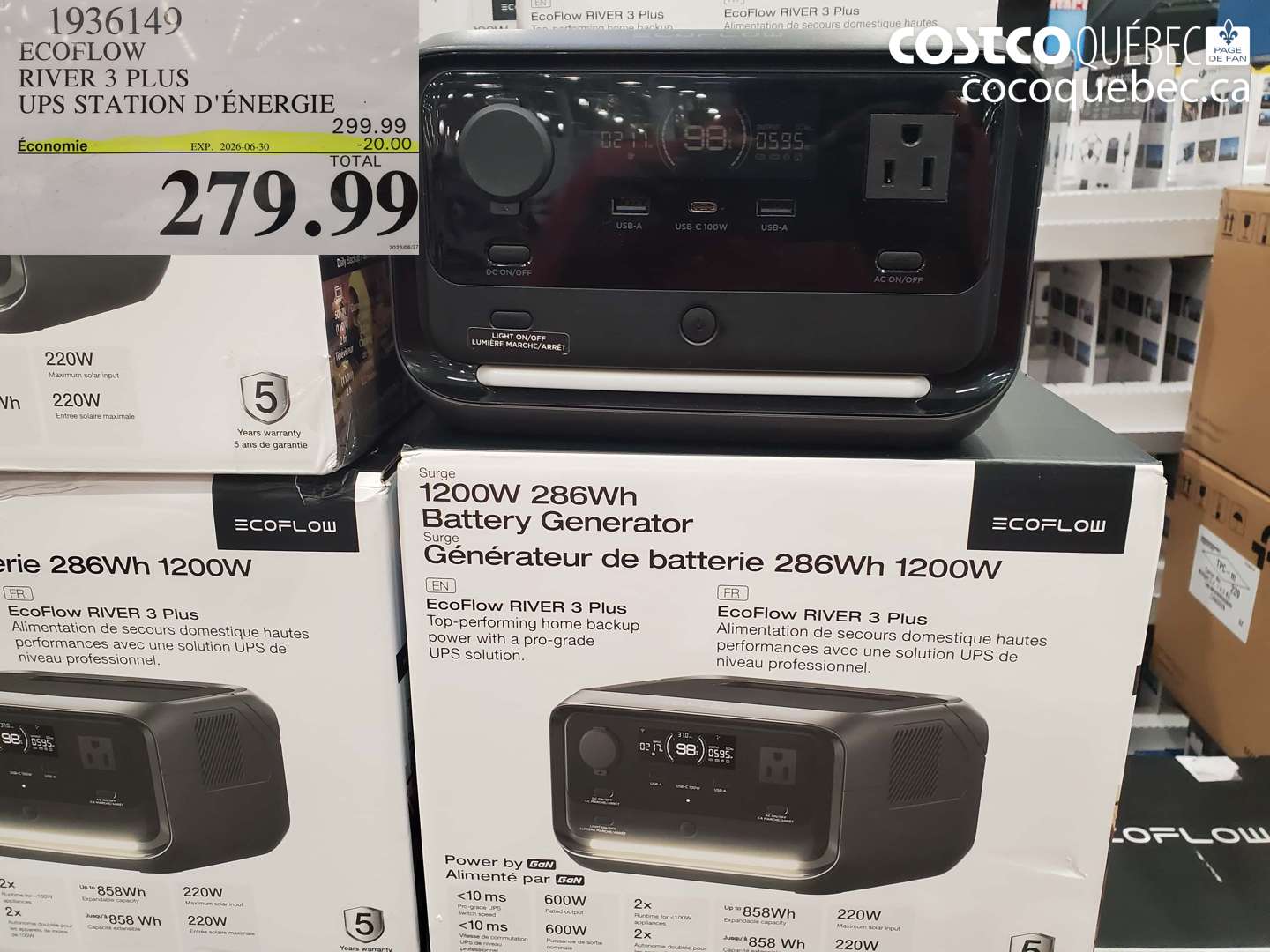 1936149 ECOFLOW RIVER 3 PLUS UPS STATION D'ÉNERGIE ($20.00 INSTANT SAVINGS EXPIRES ON 2026-06-30) $279.99