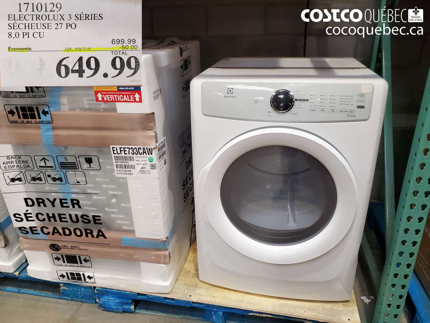 1710129 ELECTROLUX 3 SÉRIES SÉCHEUSE 27 PO 8.0 PI CU ($50.00 INSTANT SAVINGS EXPIRES ON 2026-07-05) $649.99